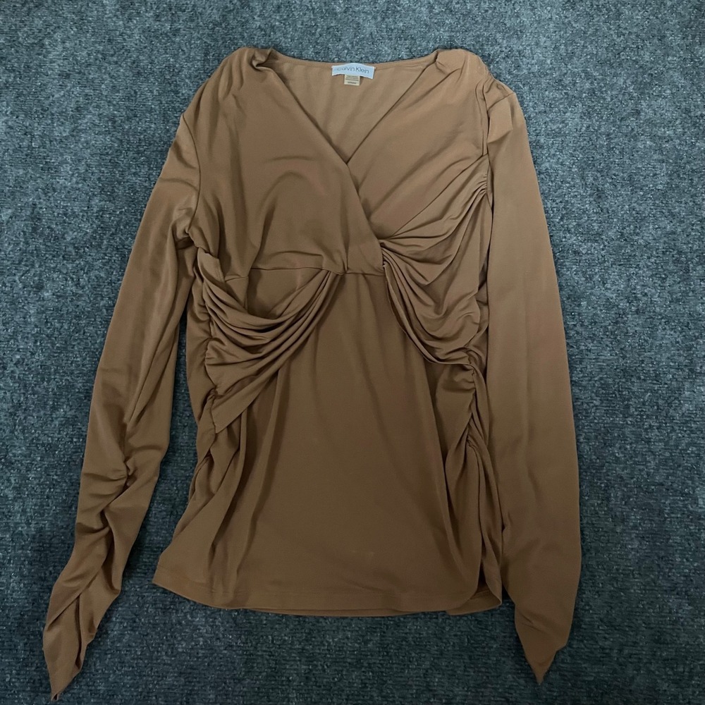 Calvin Klein Brown Ruched Draped V-Neck Long Sleeve Blouse Top Medium RN54163